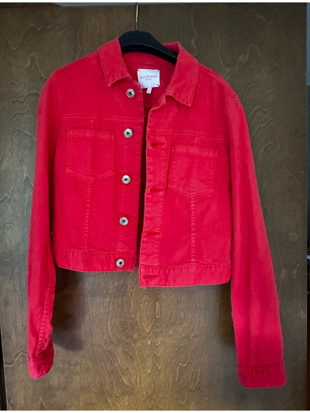 ISAAC MIZRAHI RED JEAN JACKET CROPPED RETRO SZ M